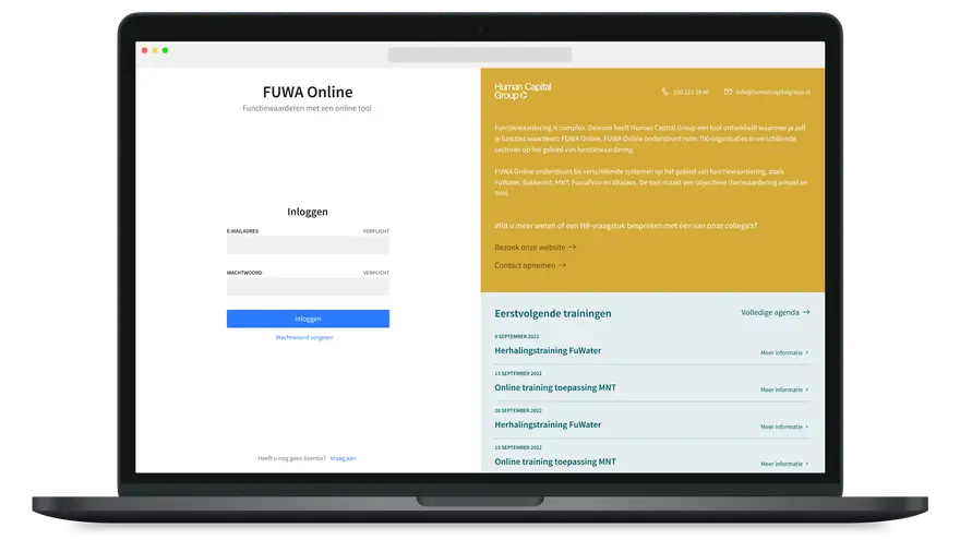 De log-in pagina van FUWA Online weergeven in een laptop