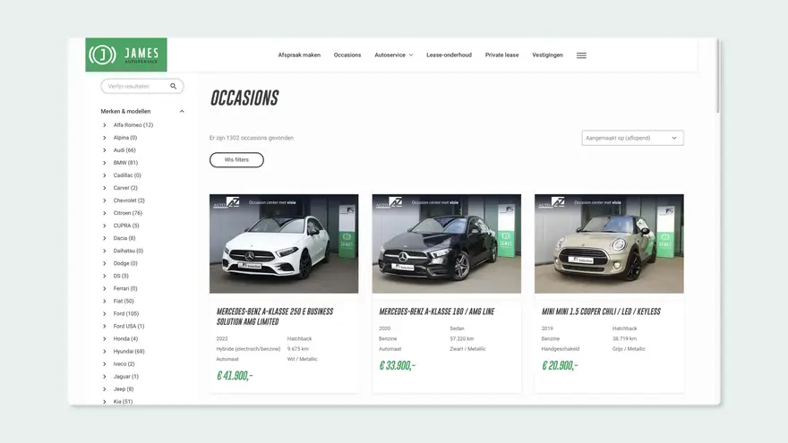 Een overzicht van occasions op de website van James Autoservice